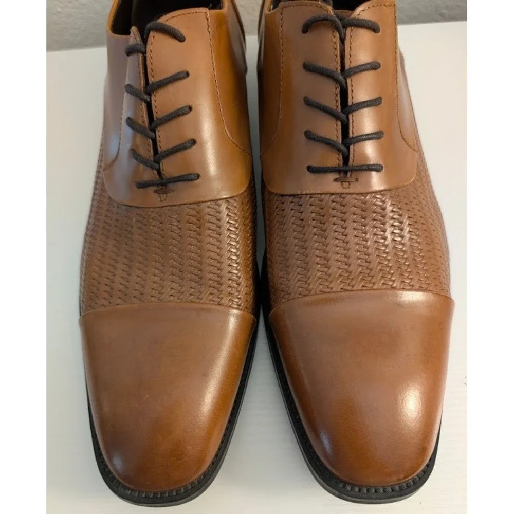 Kenneth Cole Ticket-S Oxford Shoes Mens 12M Cognac‎ Brown Cap Toe Woven EUC